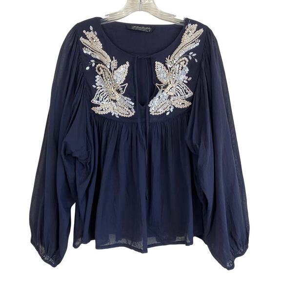 ALLSAINTS Spitalfields Tops - All Saints Sz 8 Dana Top Boho Beaded Peasanst Blouse Tie Neck Black Cream Cotton